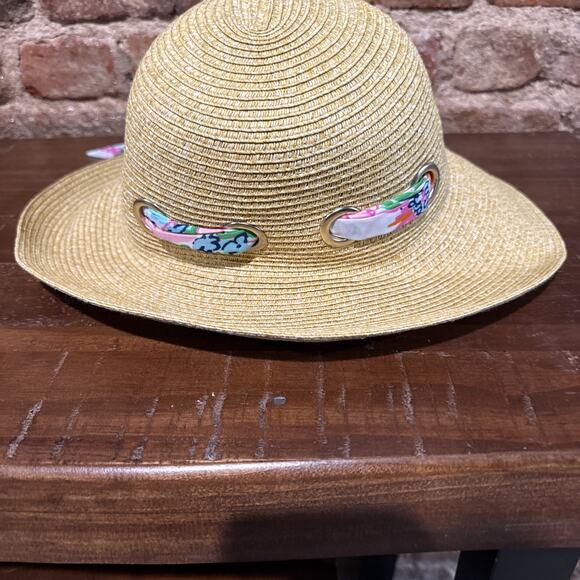 Lilly Pulitzer Straw Hat W/ Scarf Gold Grommets Target Collab WHLP01 So Pretty!! - Picture 2 of 6